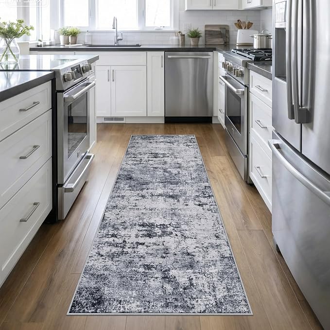 2.6x10 Washable Runner Rug:Modern Abstract Indoor Soft Carpet Grey | by FXRHLP