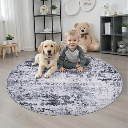 Round Area Rug Living Room: 4 ft Modern Washable Carpet Grey | - Image 2