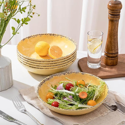 Farmhouse Melamine Pasta Bowls Set, 42 OZ Large Salad Bowls Set, 9.25 inch 6 Piece large Soup Bowls,Wide and Shadow Rustic Round Serving bowl, Set of 6 Dinner Bowl,Yellow…