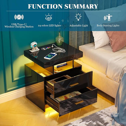 WOOVIVS Night Stand with Light, High Gloss Nightstand with USB/Wireless - Image 6