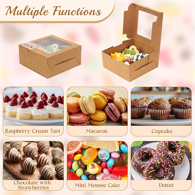 OAMCEG 30 Pack Cookie Boxes with Window, 6x6x3 Inches Brown Bakery Treat Boxes with Stickers & Twine for Pastry, Desserts, Strawberries, Cupcakes, Gift Giving