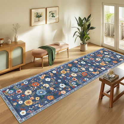 Floral Washable 2x10 Area Rugs Runner Entryway Hallway Blue/Grey | Flower - Image 2