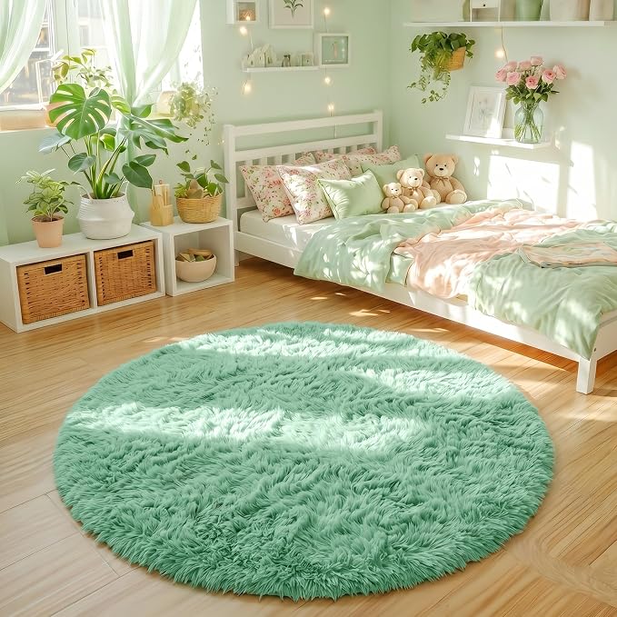 Amdrebio Sage Green Fluffy Round Circle Area Rug 5Ft - Image 3