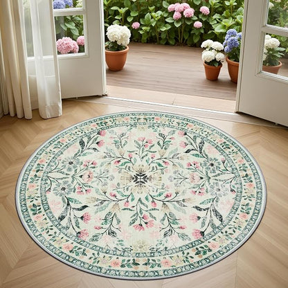PLHXFR Round Area Rug Living Room: 4 ft Floral Washable Carpet Green Beige | - Image 2