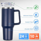 DOMICARE 40 oz Tumbler with Handle and Straw, Stainless Steel Tumbler with Lid and Straw, Reusable Vacuum Insulated Cup, Travel Coffee Mug, Navy Blue, 1Pack