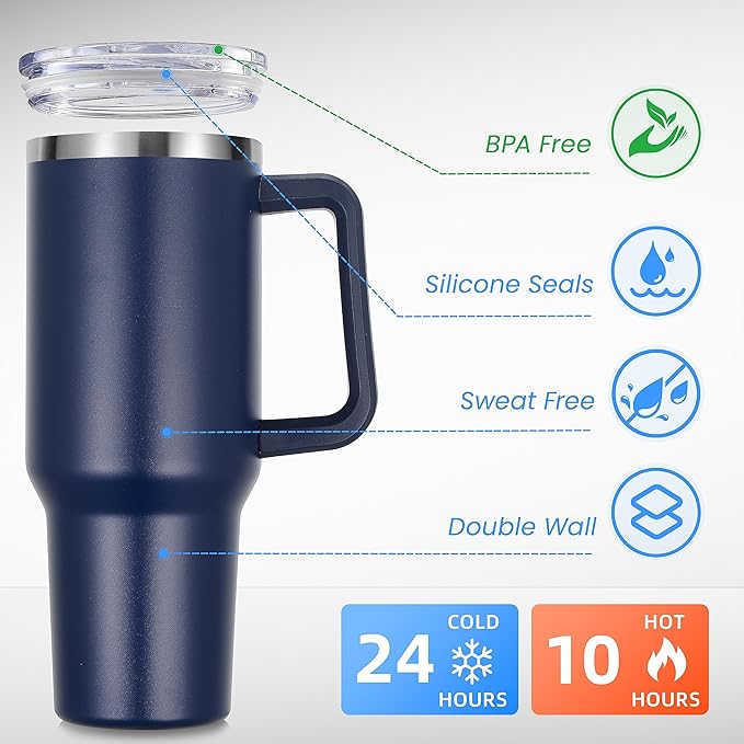 DOMICARE 40 oz Tumbler with Handle and Straw, Stainless Steel Tumbler with Lid and Straw, Reusable Vacuum Insulated Cup, Travel Coffee Mug, Navy Blue, 4Pack