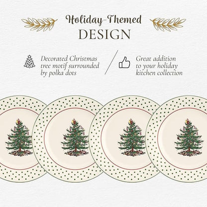 Spode Christmas Tree Polka Dot Dessert Plate (Set of 4) - Festive 8-Inch Stoneware Plates for Holiday Entertaining, Appetizers, Snacks - Microwave, Dishwasher, Freezer Safe Party Appetizer Dishes