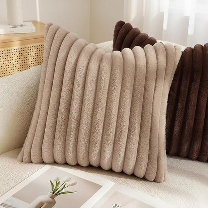 decorUhome Fall Faux Fur Throw Pillow Covers 24x24 Set of 2 Khaki Brown | - Image 4
