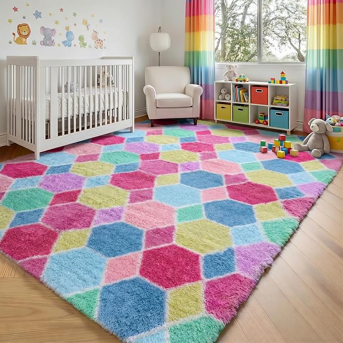 Checkered Pink Rainbow Area Rugs, Fluffy 5x8 Geometric Rug - Image 9