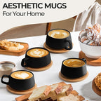 MIAMIO – 11 Oz., Set of 4 Ceramic Tea Cup and Saucer Bamboo/Tea Mug - Wide Cappuccino Cup, Coffee Cups Ceramic Mug for Cappuccino, Latte, Espresso & Americano - Luxe Collection (Black)