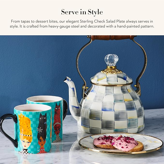 MACKENZIE-CHILDS Enamel Salad and Dessert Plate, Small Plate for a Dessert or Appetizer Dish, 8 Inches, Gray-and-White Sterling Check