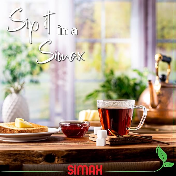 SIMAX Small Clear Glass Coffee Mug Set of 6 - 7 Ounce Heat Safe Borosilicate Tea Cups With Handles for Cappuccino