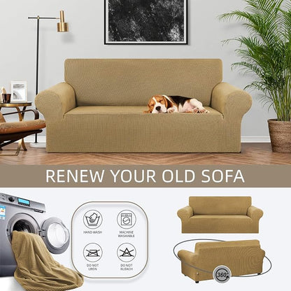 Stretch Loveseat Couch Cover, 2 Cushion Couch Slipcover, Tan | 1-Piece Washable - Image 3