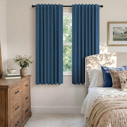 Navy Blue Black Out Curtains 63 Inch Long 2 Panel Burg Linen Textured Thermal - Image 3