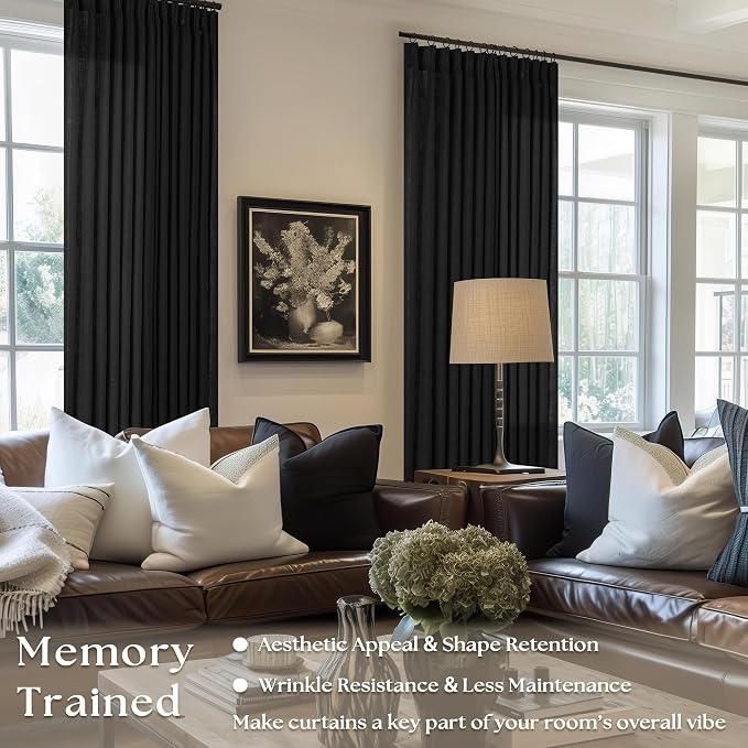 Black Pinch Pleated Linen Semi Sheer 80 Inch Curtains 2 Panels | Light Filtering - Image 2