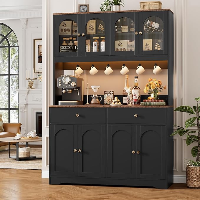 HIFIT 71" LED Kitchen Pantry Cabinet with Power Outlet, Large Kitchen Hutch Storage Cabinet with Arched Door & Shelves & 2 Drawers, Tall Farmhouse Coffee Bar w/Hutch for Home Dining Living Room, Black