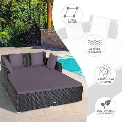 COSTWAY Outdoor Patio Rattan Daybed, Sponge Cushioned Loveseat Sofa - Image 6