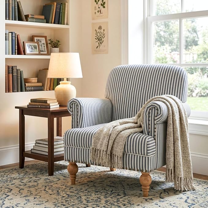 Blue Striped Linen Fabric Accent Chair, Coastal Upholstered Armchair - Image 7