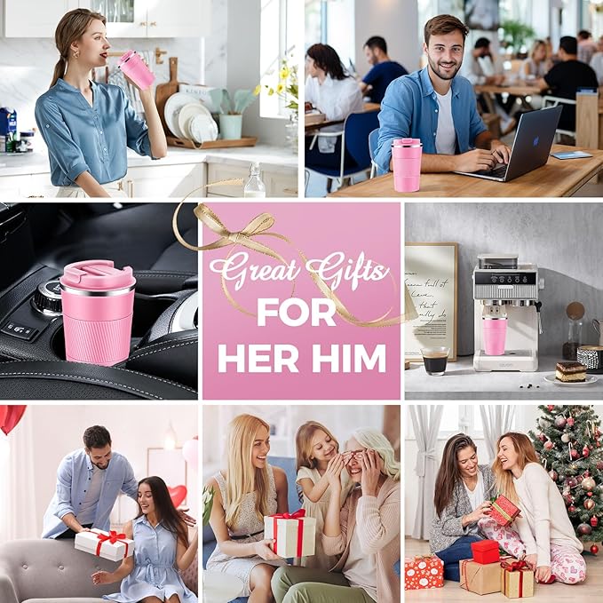 Volhoply 13 oz Stainless Steel Insulated Travel Coffee Mug with Fip Lid,Reusable Double Wall Vacuum Metal Coffee Cup,Portable to Go Leak Proof Cafe Thermal Tumbler for Hot & Cold Drinks(Pink,1)