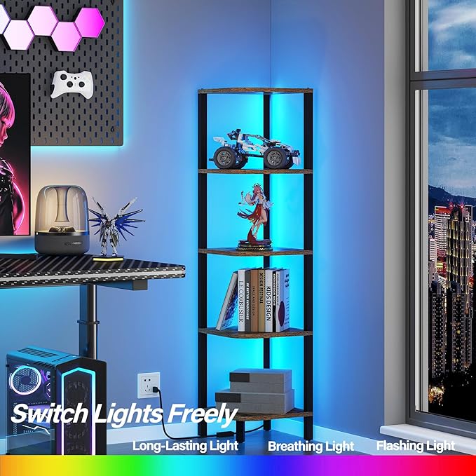 TUTOTAK Corner Shelf with LED Light, 5-Tier Corner Bookshelf - Image 3