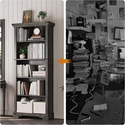 5-Tier Farmhouse Bookshelf, 61.1 inch Tall Bookcase - Image 3