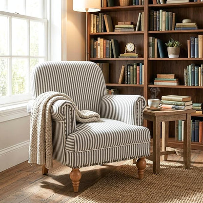 Black Striped Linen Fabric Accent Chair, Modern Farmhouse Upholstered Armchair - Image 6
