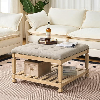 Befurtori Large Square Ottoman Coffee Table, Linen Solid Upholstered Footrest by Befurtori