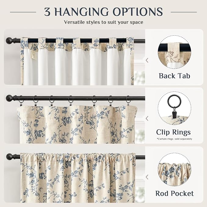 Blackout Vintage Floral Linen Curtains Blue on Beige 50×63 2 Panels | Elisa - Image 7