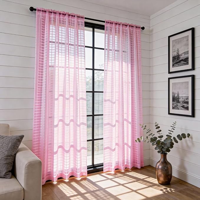 SpaceDresser Check Sheer Curtains 108 Inches 2 Panels Set, Rod Pocket Plaid - Image 4
