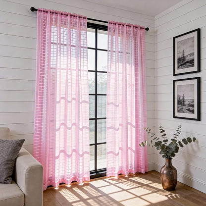 SpaceDresser Check Sheer Curtains 84 Inches 2 Panels Set, Rod Pocket Plaid - Image 4