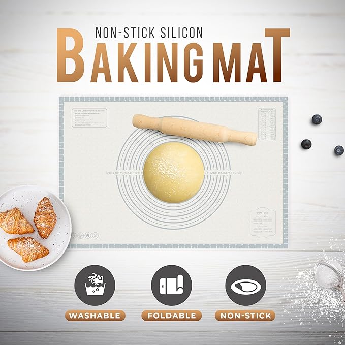 26 * 16 inches White grey, Non-Slip Silicone Baking Sheets - Baking Mat with 0.7mm Thickness - Non-Stick Pastry & Cookie Mat for Kitchen Counter for Rolling Out Dough with Measurements.