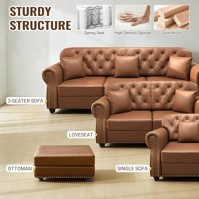 KEIKI 83" Faux Leather Chesterfield Sofa - Image 7