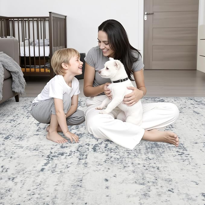 3x8 Washable Runner Rug：Modern Abstract Soft Carpet Blue Grey | - Image 2