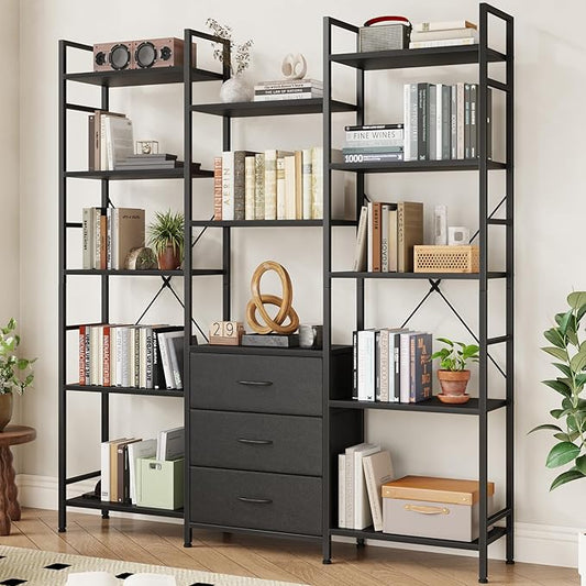 AFLUI Triple Bookshelf with 3 Fabric Drawers, 5-Tier Book Shelf and 10 Display by Unknown