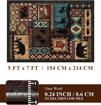 Rustic Cabin Area Rug 5x7, Machine Washable Lodge Bear Rug, Non-Slip Low Pile - Image 2
