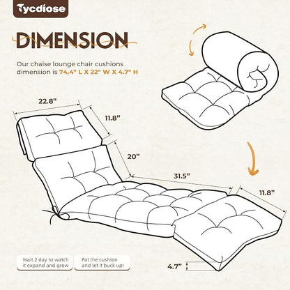Chaise Lounge Cushions Outdoor Set of 2, 74.4 x 22 x 4.7 Inches Thickened - Image 2