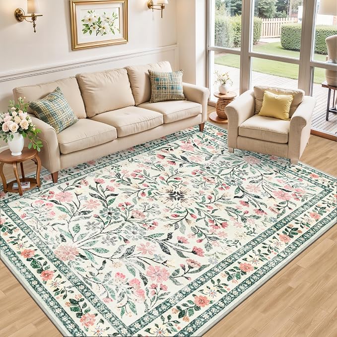 PLHXFR Area Rug Living Room: 5x7 Floral Washable Boho Carpet Green Beige | - Image 2
