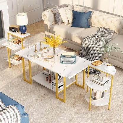AWQM Faux Marble Table Set, Coffee Table & 2 Side Table, Faux Marble Tabletop - Image 5