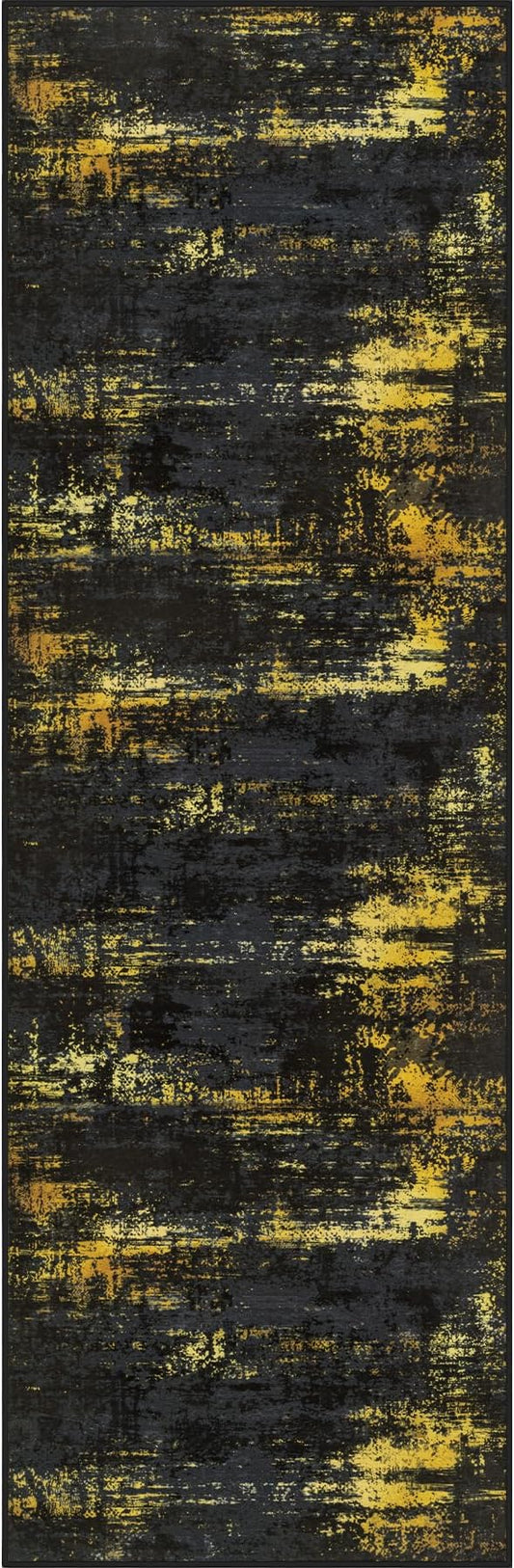 2.6x14 Washable Runner Rug:Modern Abstract Soft Carpet Black Gold | by FXRHLP