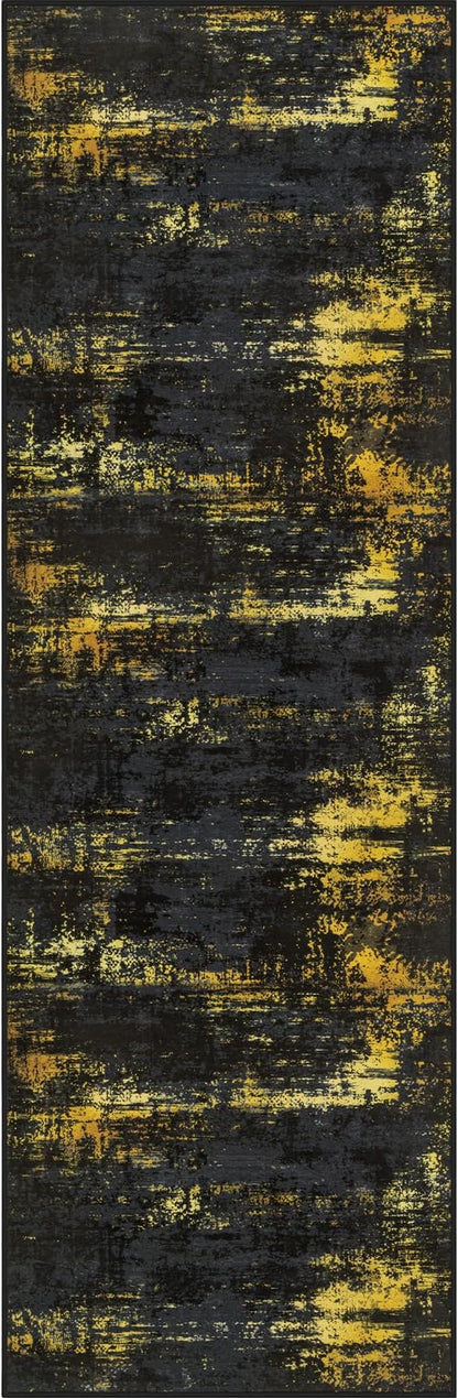 2x5 Washable Runner Rug：Modern Abstract Soft Carpet Black Gold | by FXRHLP