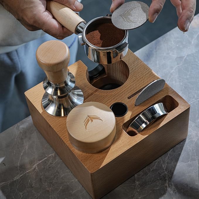 58mm Espresso Bar Accessories Kit – Maple Handle Calibrated Tamper, Espresso Leveler, Beech Wood Tamping Station, and Dosing Funnel with Puck Screen