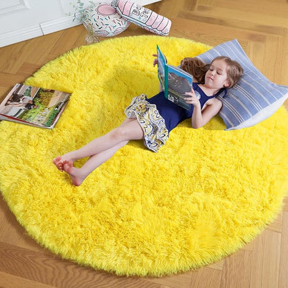 Amdrebio Yellow Fluffy Round Area Rug 5Ft - Image 7