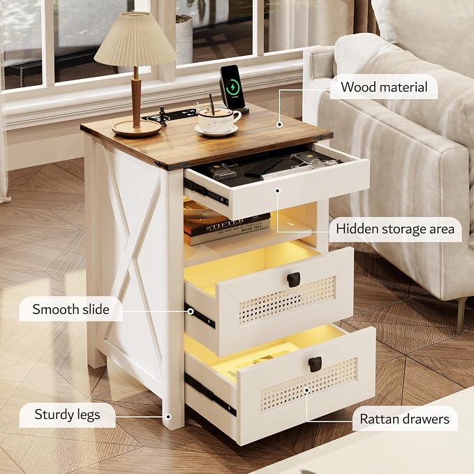 FREDEES Nightstand Set 2 with Gun Drawer, Bed Side Table with Charging Station - Image 4