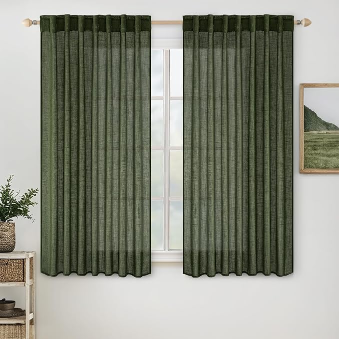 MIULEE Olive Green Short Linen Curtains 52x45 Inch Long 2 Panel by MIULEE
