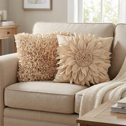 Beige Taupe Accent Flower Decorative Throw Pillow Covers - Image 4