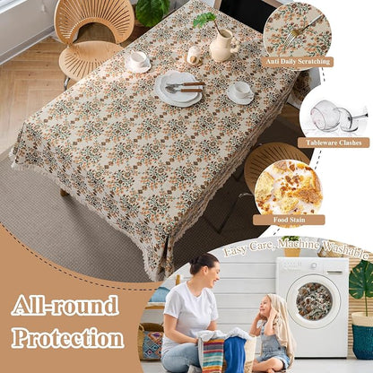 VClife Beige Floral Print Table Cloth, Linen Texture Tablecloth - Image 4
