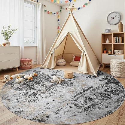 Round Rug 8ft Washable Rug for Dining Room Living Room Black Grey Gold | Modern - Image 4