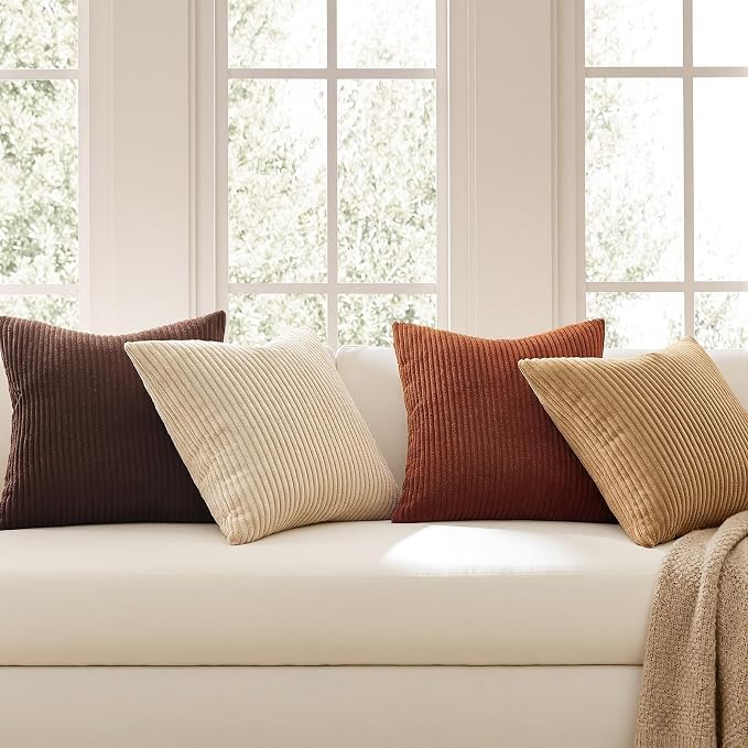 Topfinel Set of 4 Soft Farmhouse Corduroy Striped Decorative Cushion Cover Boho - Image 3