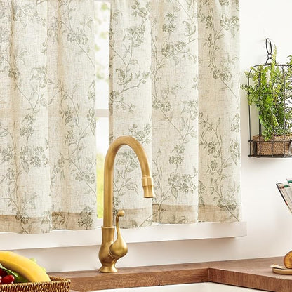 Green on Beige Linen Kitchen Curtains Rod Pocket 26W X 24L 2 Panels | Elisa - Image 7