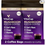 VitaCup Focus Mushroom Coffee Grounds, Vanilla Flavored Coffee with Lions Mane, Chaga, B Vitamins, D3, Boost Focus, Immunity, Memory & Clarity, Medium Dark Roast, 100% Arabica Specialty, 2 bags, 10 oz each